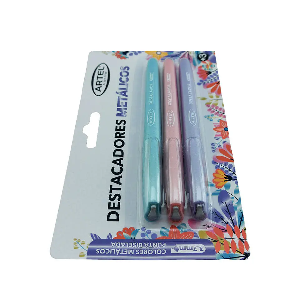Destacador 03 u glitter/metalico tipo lápiz punta biselada blis artel 2