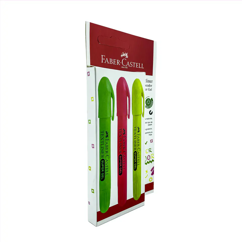 Destacador 03 u 1ROS/1VERD/1AMA super gel blis Faber-Castell 2