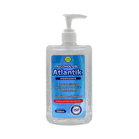Alcohol gel 0500ml higienizante antibacterial 70% con registro isp Atlantik