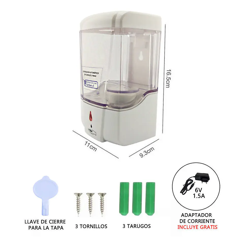 Dispensador automatico sin contacto 700 ml más adaptador 6V1.5A Durban 2