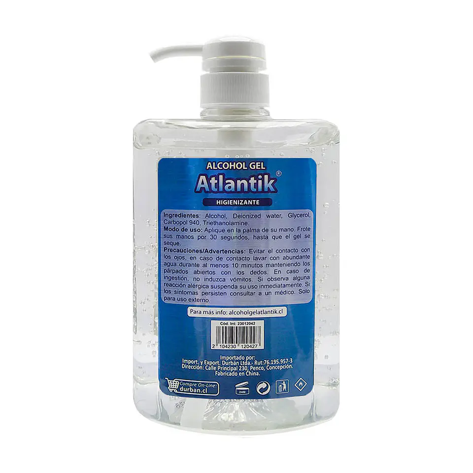 Alcohol gel 1lt higienizante antibacterial 70% con registro isp Atlantik 2