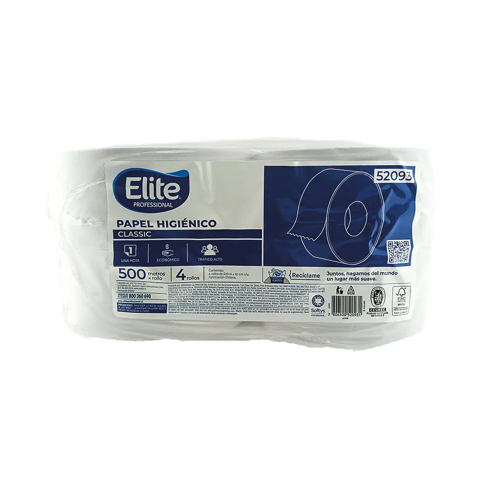 Papel higienico 500 mt 04 u jumbo clasico una hoja 52093 Elite 1