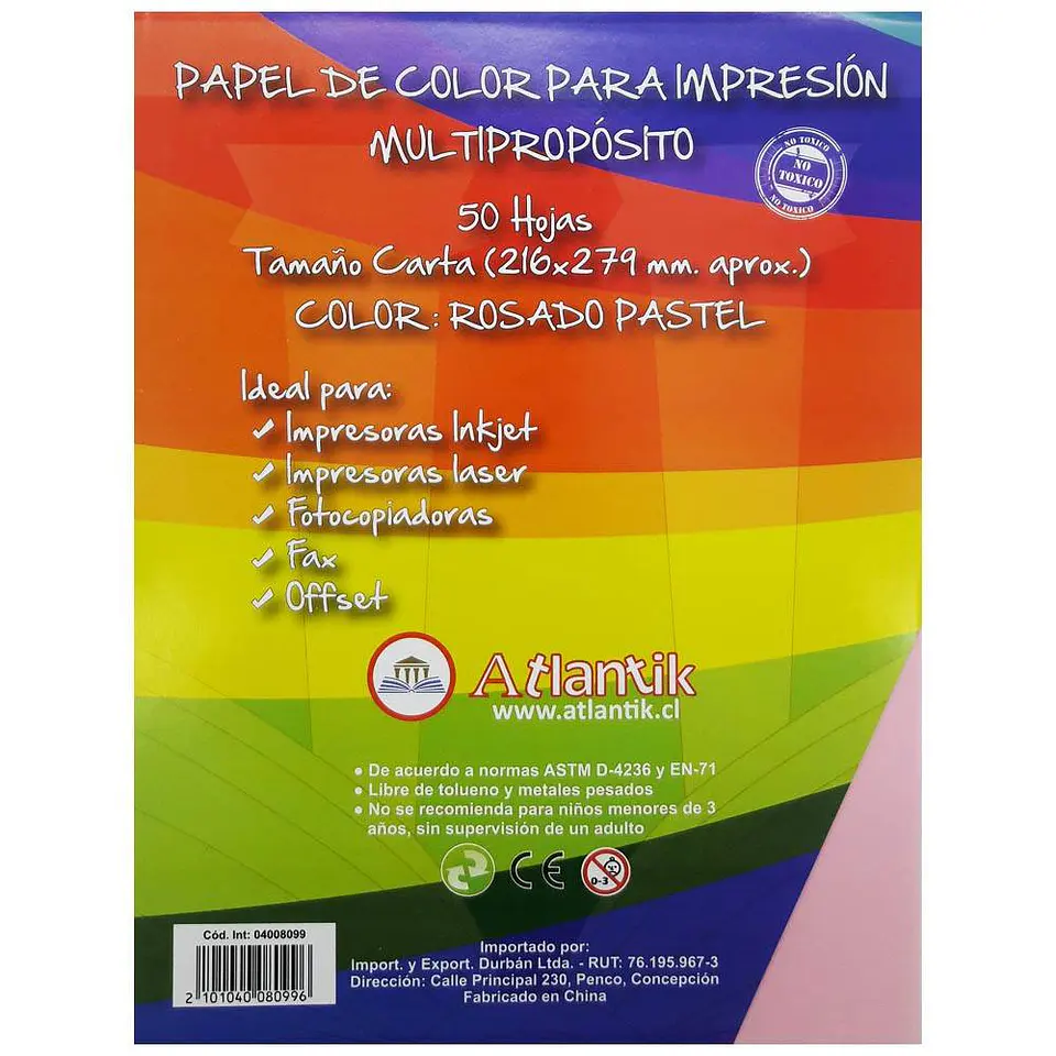 Papel de color carta 75gr 50 hojas rosado multiproposito Atlantik 1