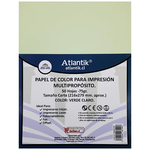 Papel de color carta 75gr 50 hojas verde claro multiproposito Atlantik