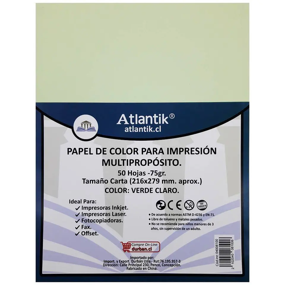 Papel de color carta 75gr 50 hojas verde claro multiproposito Atlantik 1