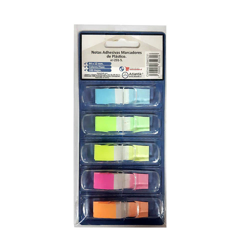 Banderita adhesiva marcadores 05 color 100 hojas 44X12MM fluor plástico Atlantik