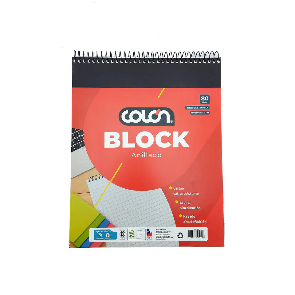 Block anillado 80 hojas 07 mm universitario 25,6X20,5 cm Colon 1