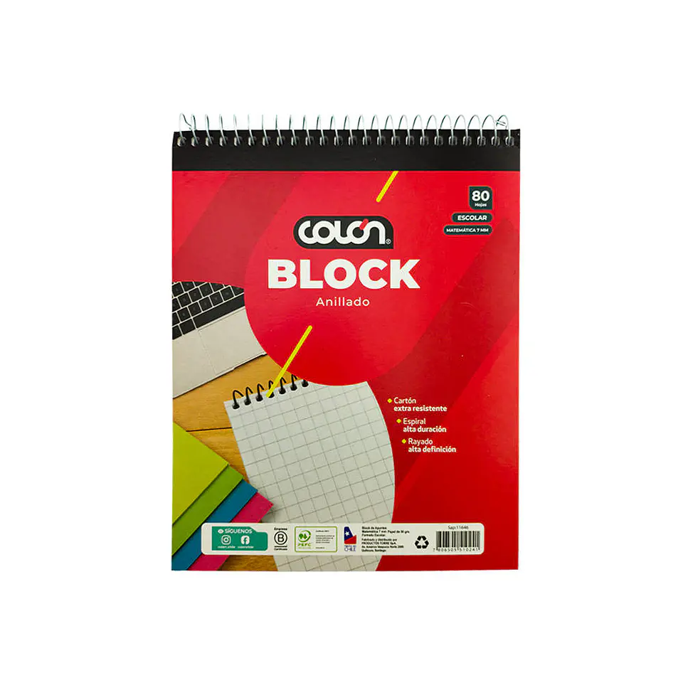Block anillado 80 hojas 07 mm escolar 19,7X15,6 cm Colon 1