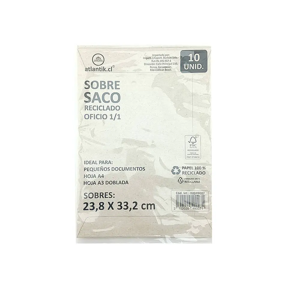 Sobre 1/1 oficio saco reciclado 23,8X33,2 cm 10 u atlantik 1