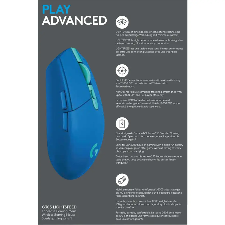 Mouse Inalámbrico Gamer Logitech G305 lighspeed sensor HERO USB azul 5