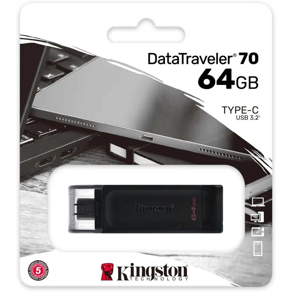 Pendrive 64GB Kingston DataTraveler 70 USB-C Lec 110MB/s Ecs 8MB/s Negro Win/MAC 5