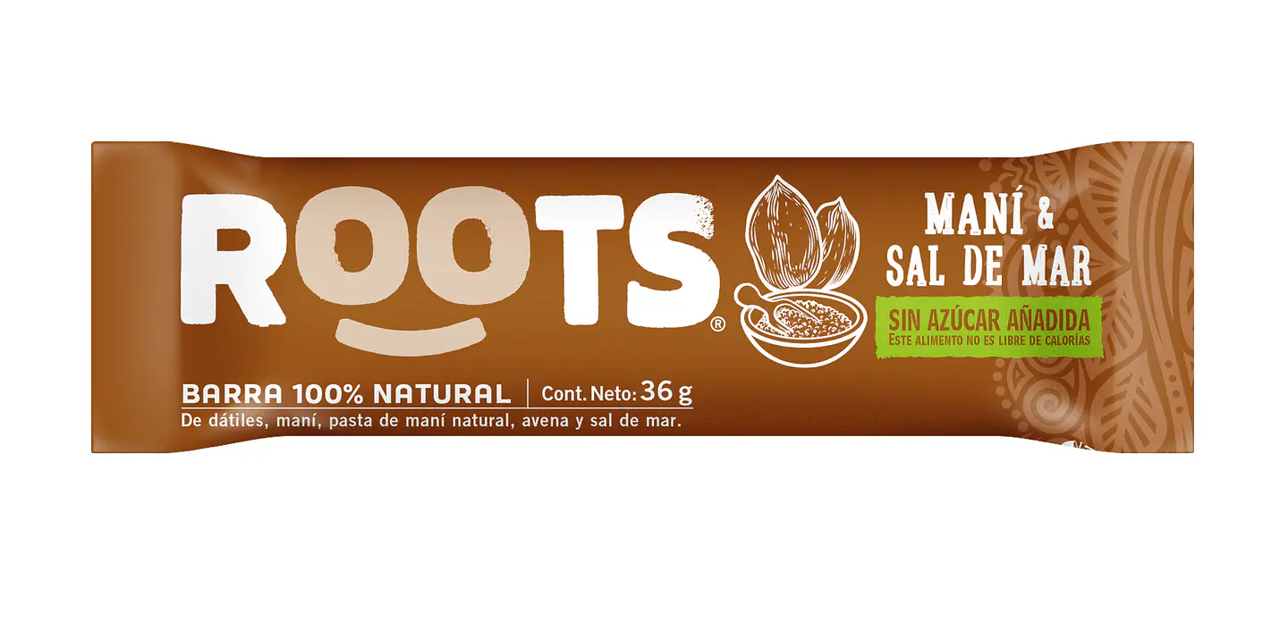 Barra 100% frutos Mani & Sal de mar 30gr Roots   1