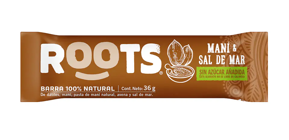 Barra 100% frutos Mani & Sal de mar 30gr Roots   1