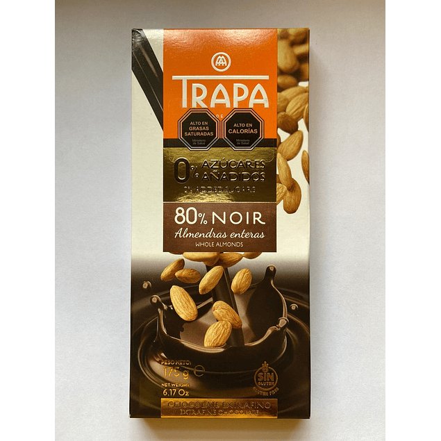 Chocolate Negro sin azucar  con Almendras enteras 80% cacao 175g Trapa