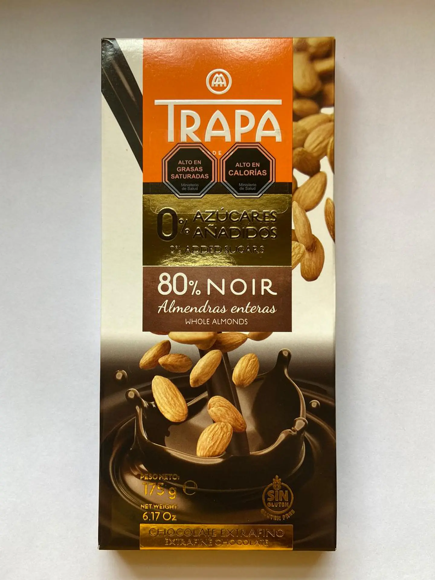 Chocolate Negro sin azucar  con Almendras enteras 80% cacao 175g Trapa 1