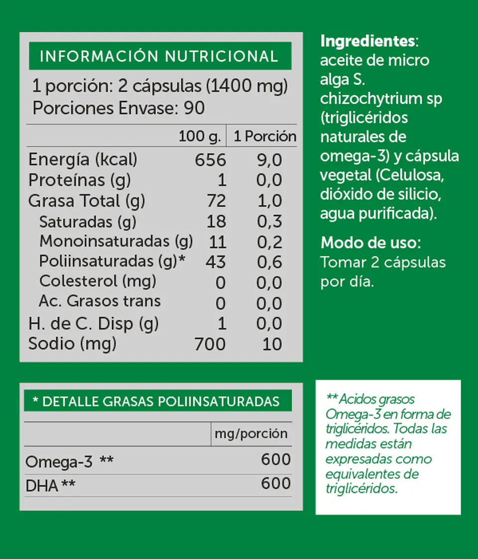 Vegan Omega DHA 600 180 Cápsulas Vegano Wellplus 2