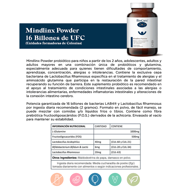 Mindlinx Powder probiotico en polvo con glutamina 60g BioCare
