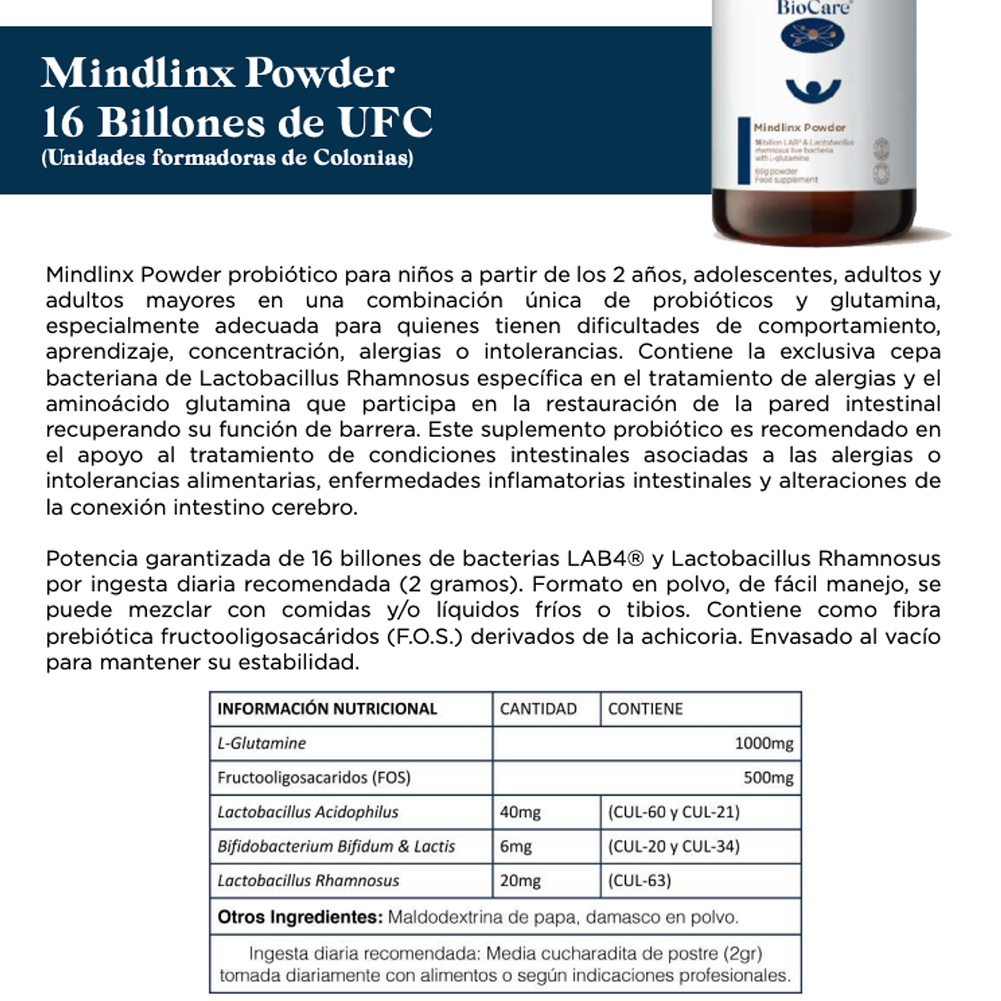 Mindlinx Powder probiotico en polvo 60g BioCare 2