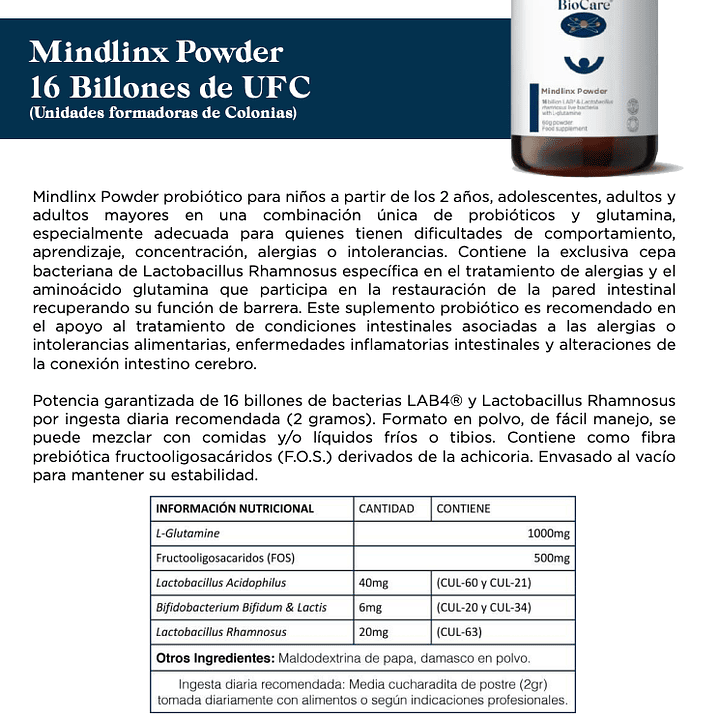 Mindlinx Powder probiotico en polvo 60g BioCare 2