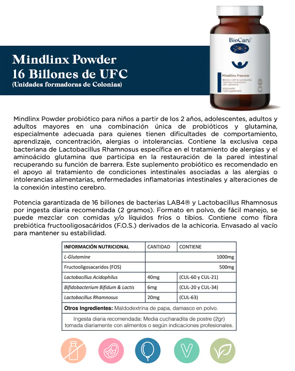 Mindlinx Powder probiotico en polvo 60g BioCare 2