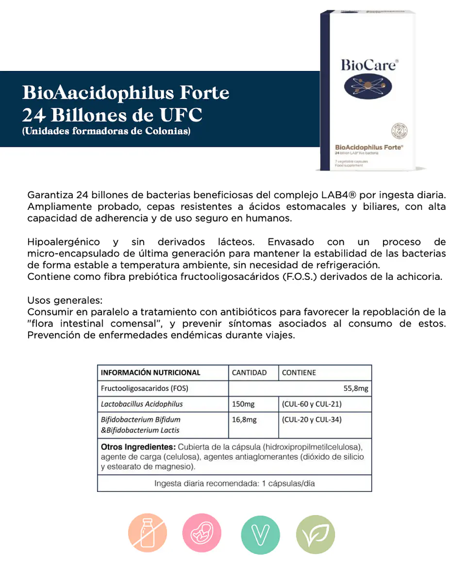 BioAcidophilus Forte 24 billones 7 capsulas BioCare 2