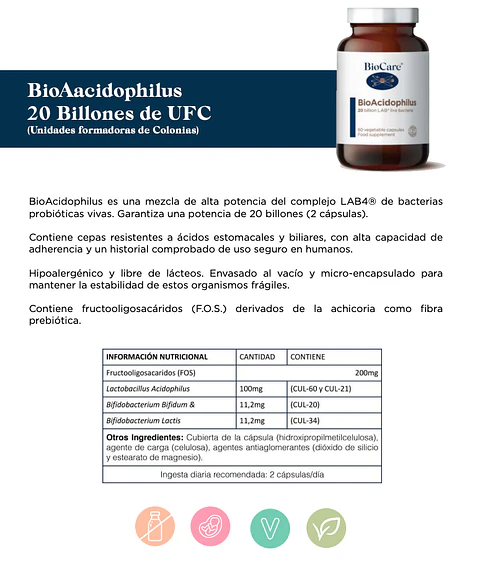 BioAcidophilus probiotico 20billones 60 caps BioCare