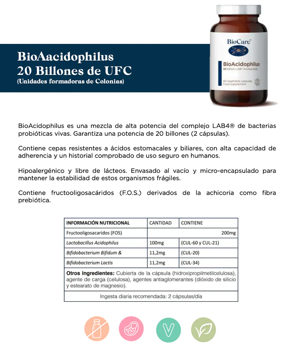 BioAcidophilus probiotico 20billones 60 caps BioCare 2