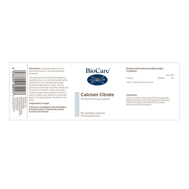 Citrato de calcio 90 capsulas - Biocare