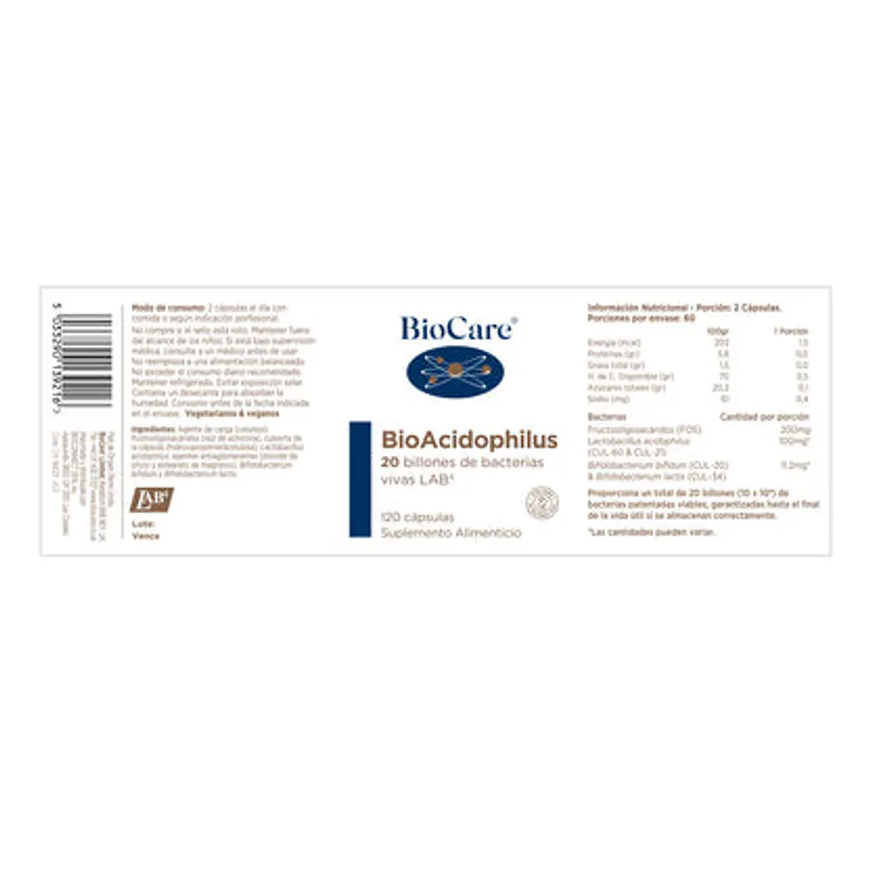 Probióticos  BioAcidophilus 20 billones 120 cápsulas Biocare 2