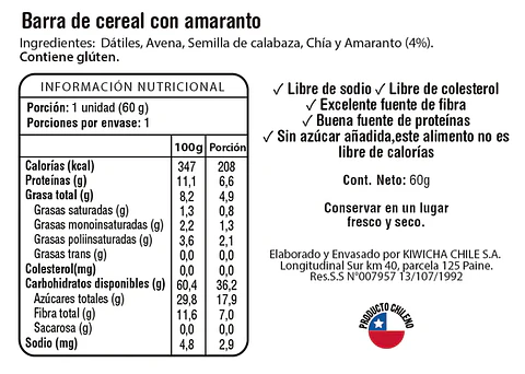 Barra Proteina Vegetal Amaranto 60g Kiwicha