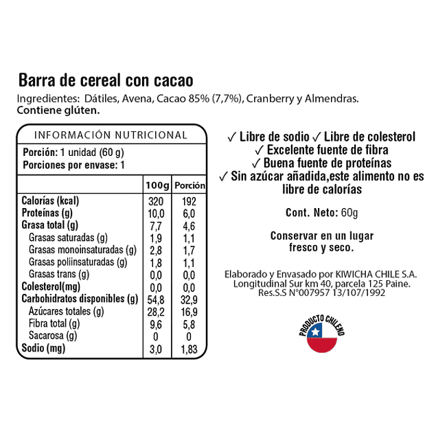 Barra Proteina Vegetal Cacao 60g Kiwicha