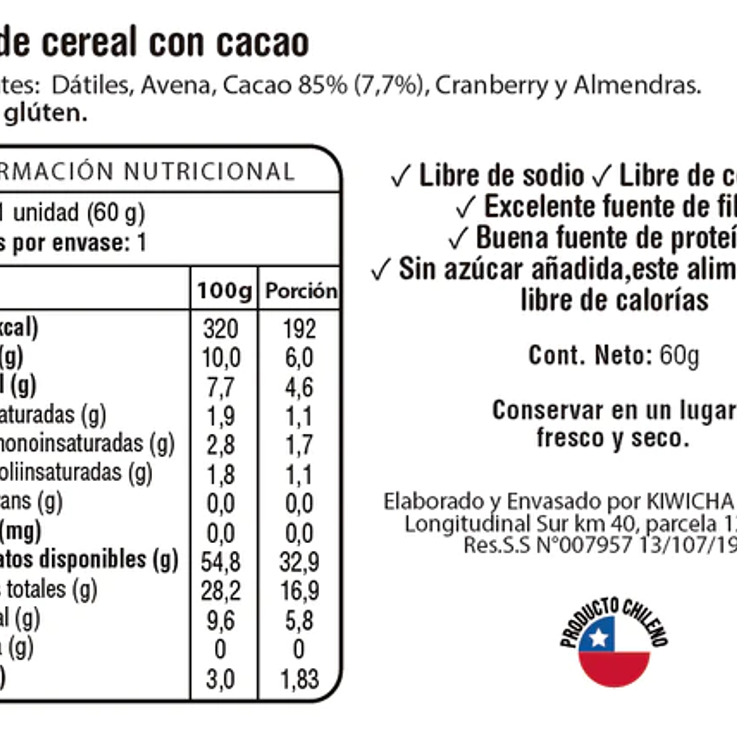 Barra Proteina Vegetal Cacao 60g Kiwicha 3
