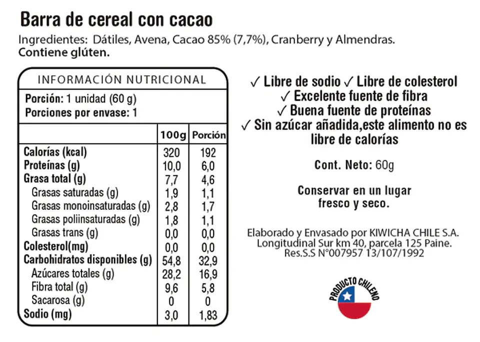 Barra Proteina Vegetal Cacao 60g Kiwicha 3