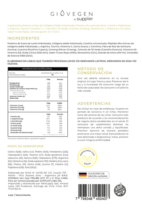 Colágeno Hidrolizado Proteínas + Vitaminas 435g Giovegen