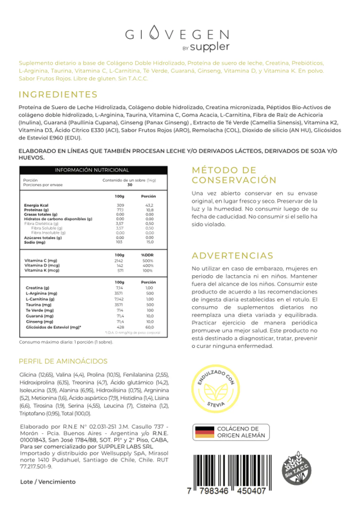 Colágeno Hidrolizado Proteínas + Vitaminas 435g Giovegen 2