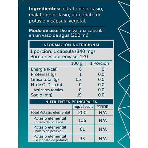 Triple Potasio Quelado 120 cápsulas Wellplus