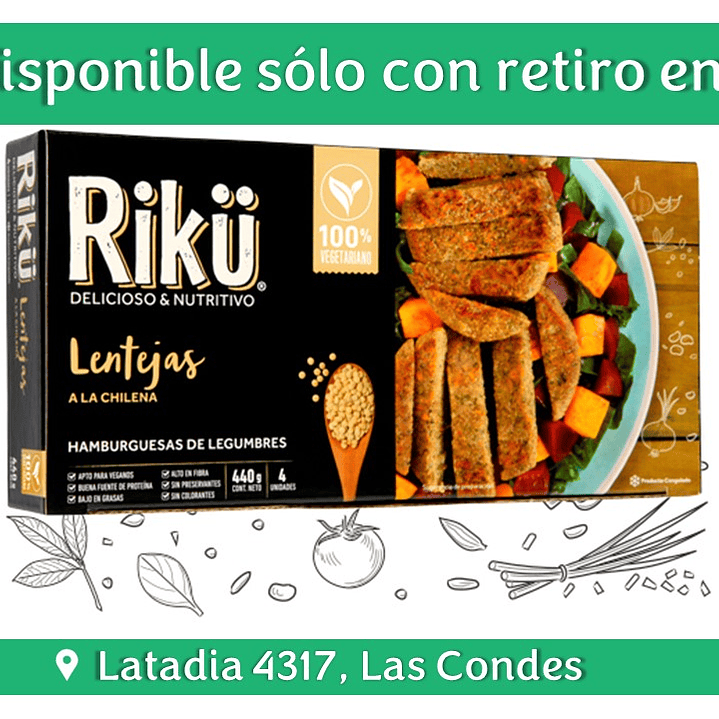 Hamburguesa lentejas 4 unidades 480gr Vegano - Congelado Riku 