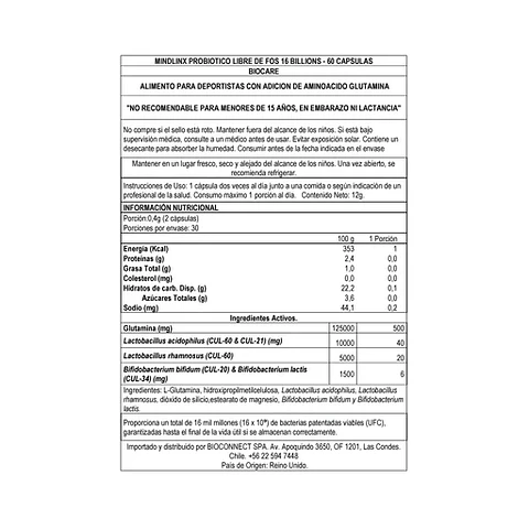 PROBIÓTICOS MINDLINX (LIBRE DE FOS) 60 caps Biocare  