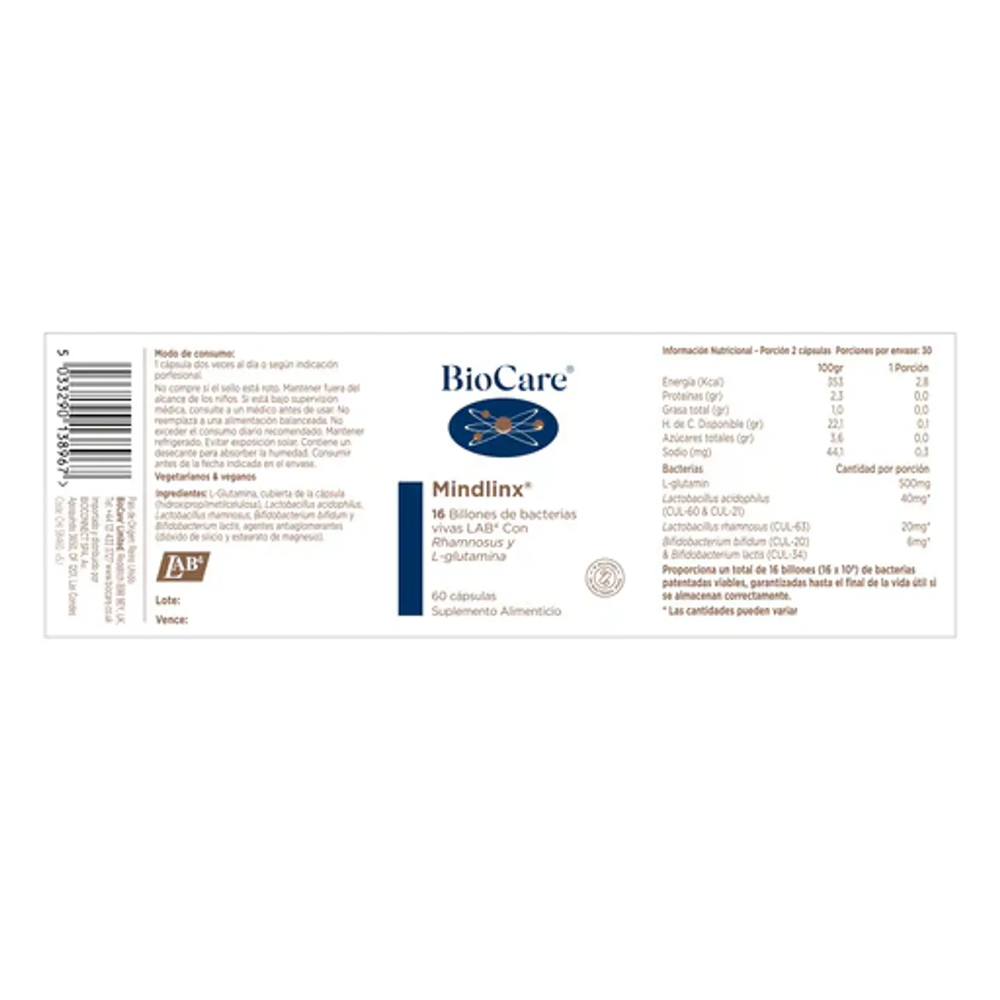 PROBIÓTICOS MINDLINX (LIBRE DE FOS) 60 caps Biocare   3