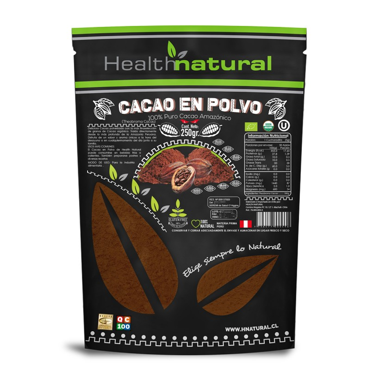 CACAO EN POLVO ORGÁNICO 250gr Health natural  1