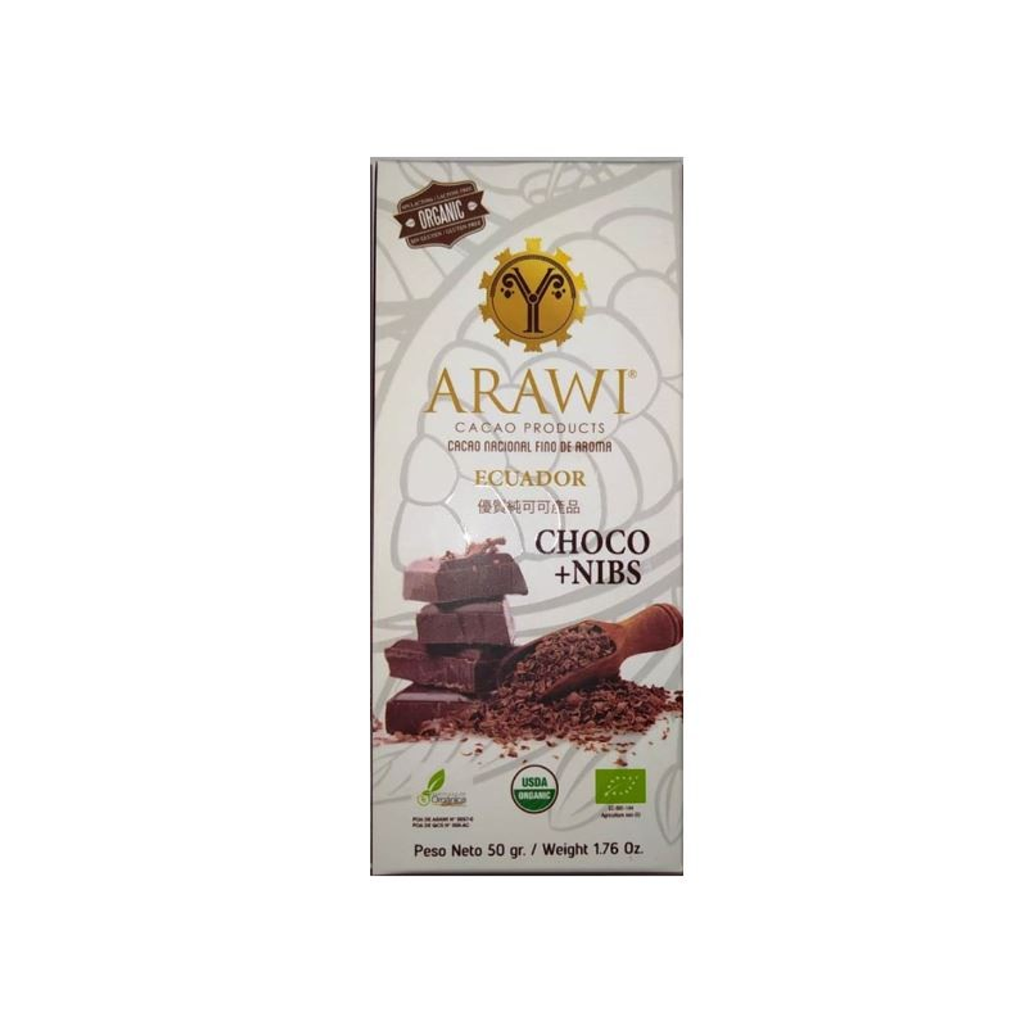 Barra de chocolate nibs orgánico 60% cacao 50gr Arawi 1