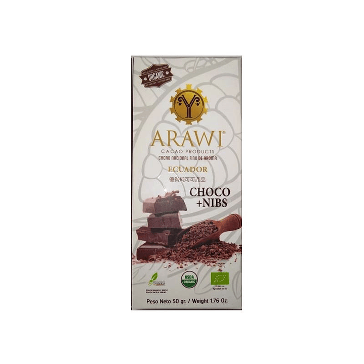Barra de chocolate nibs orgánico 60% cacao 50gr Arawi 1