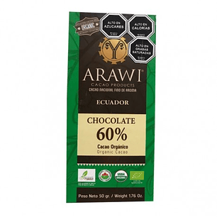 Barra de chocolate orgánico 60% cacao 50gr Arawi