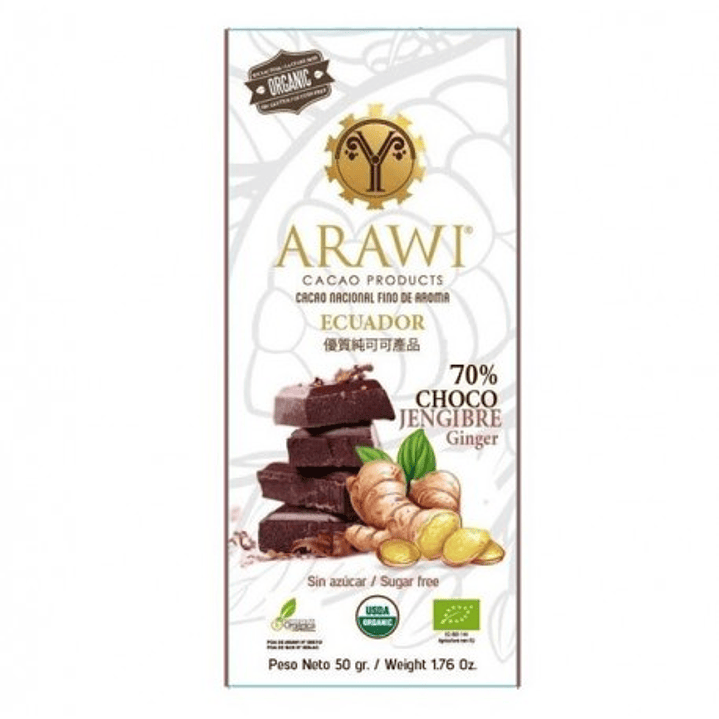 Barra de chocolate jengibre orgánico 70% cacao 50gr  Arawi 1