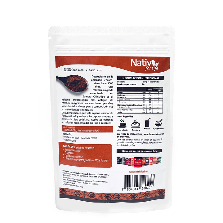 Cacao en polvo 100g Nativ for life  2