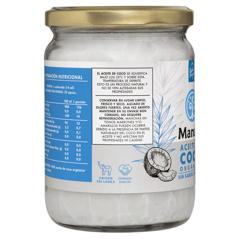 Manare - Aceite de Coco Orgánico Sin Sabor Sin Olor 500ml 3