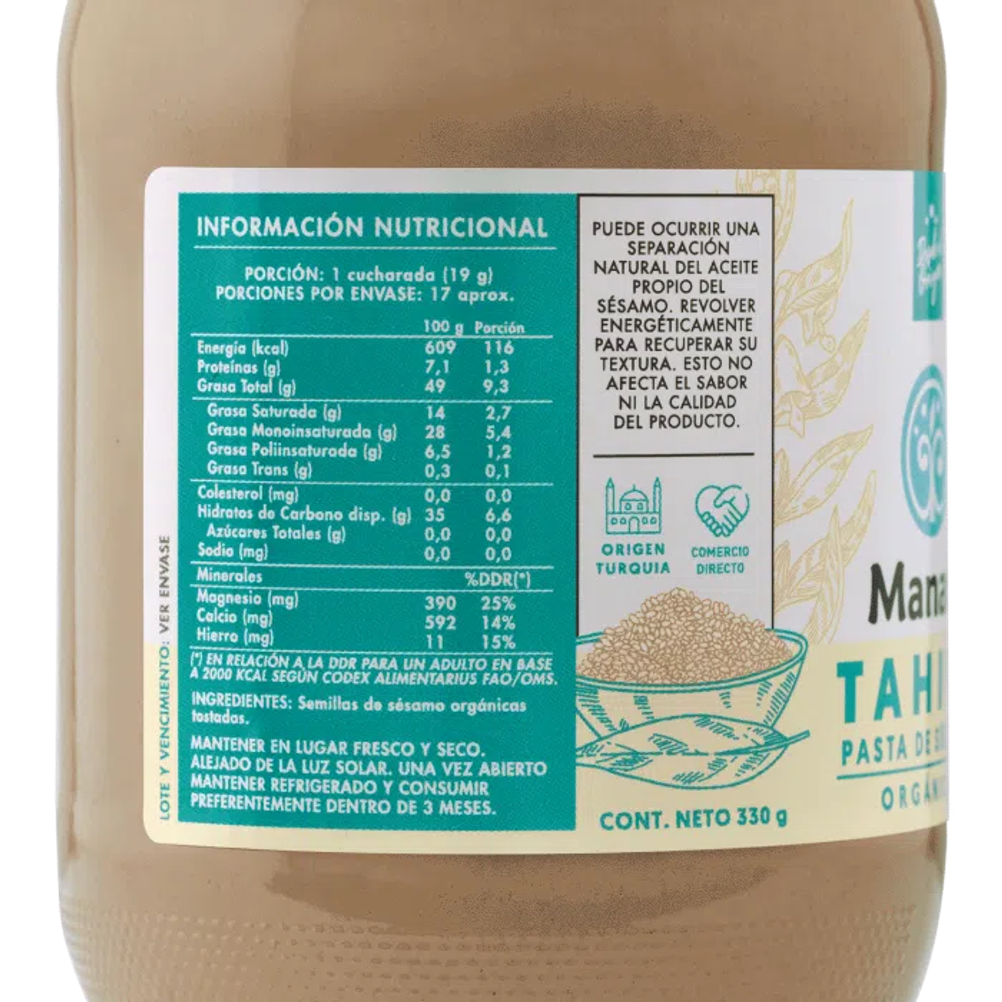 Manare - Pasta de sesamo organica Tahini 330gr  2
