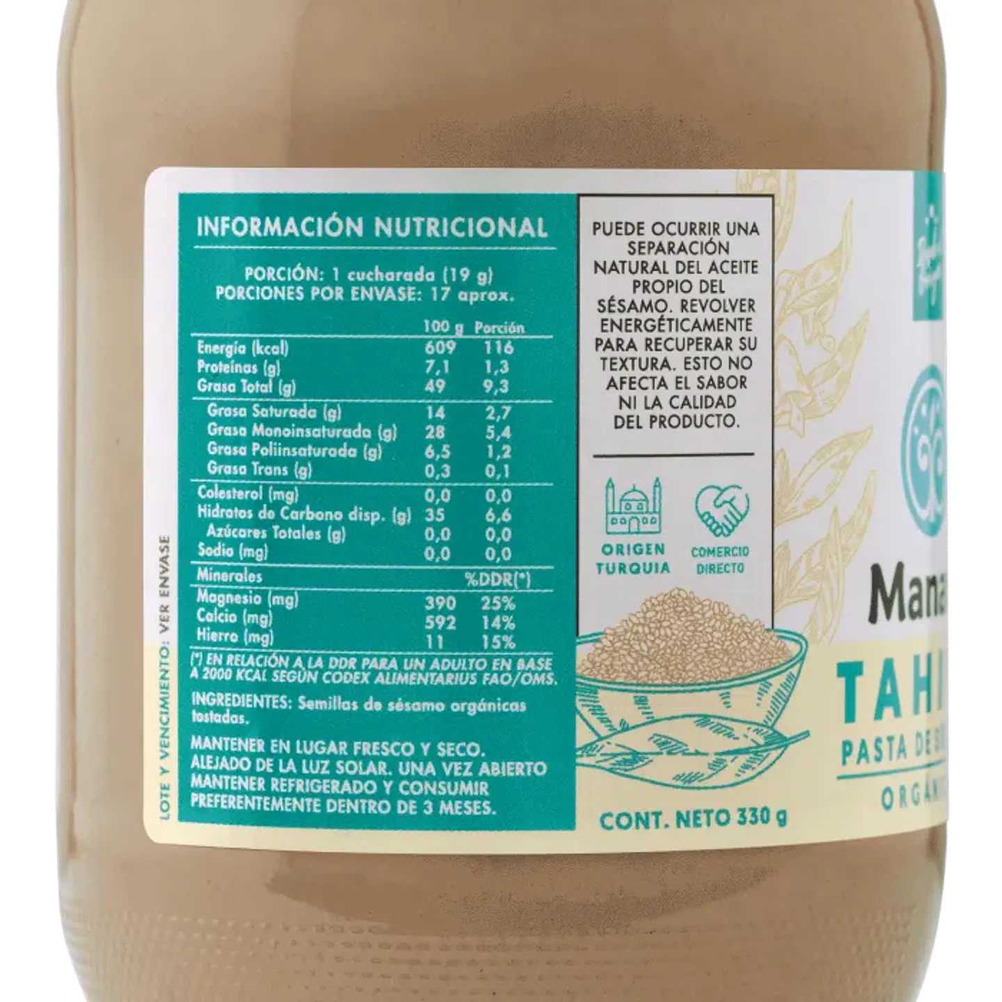 Manare - Pasta de sesamo organica Tahini 330gr  2