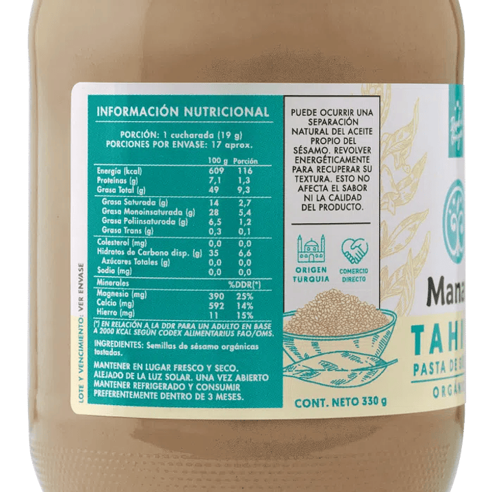 Manare - Pasta de sesamo organica Tahini 330gr  2