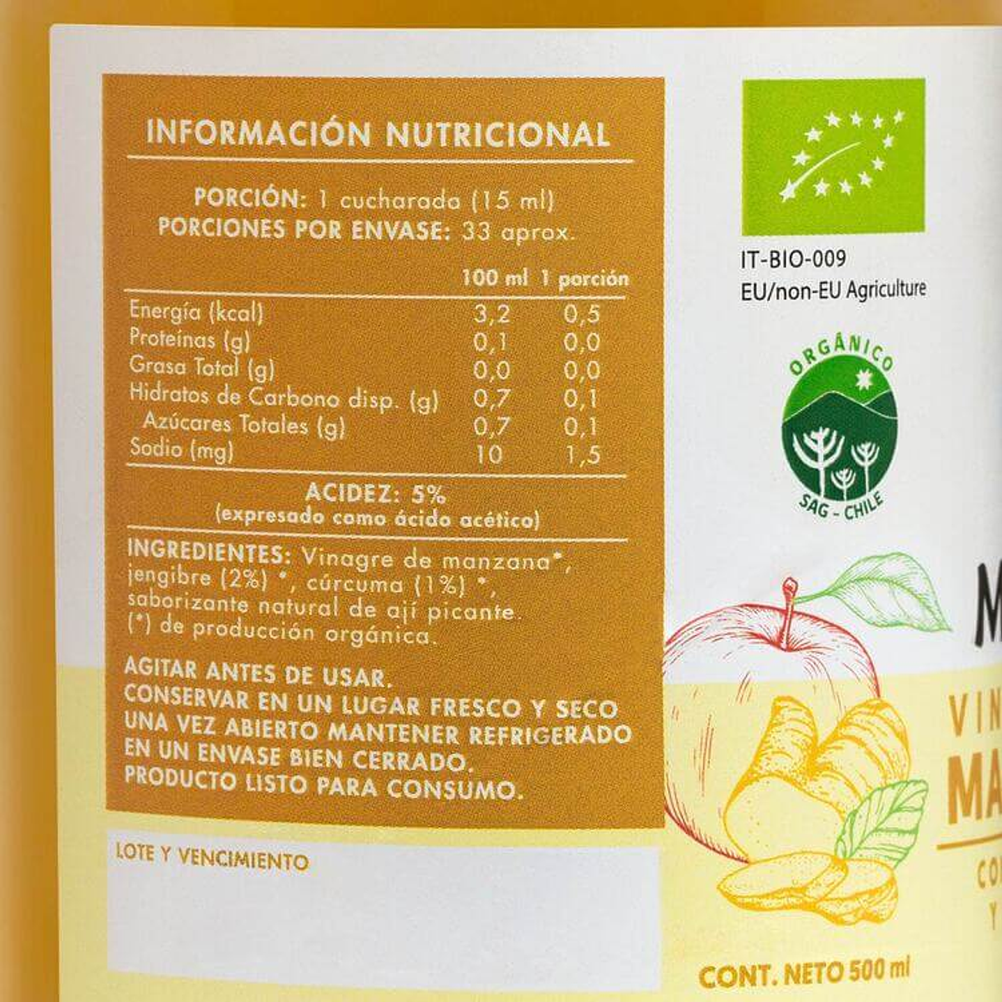 Manare - Vinagre de Manzana con Cúrcuma y Jengibre 500ml 2